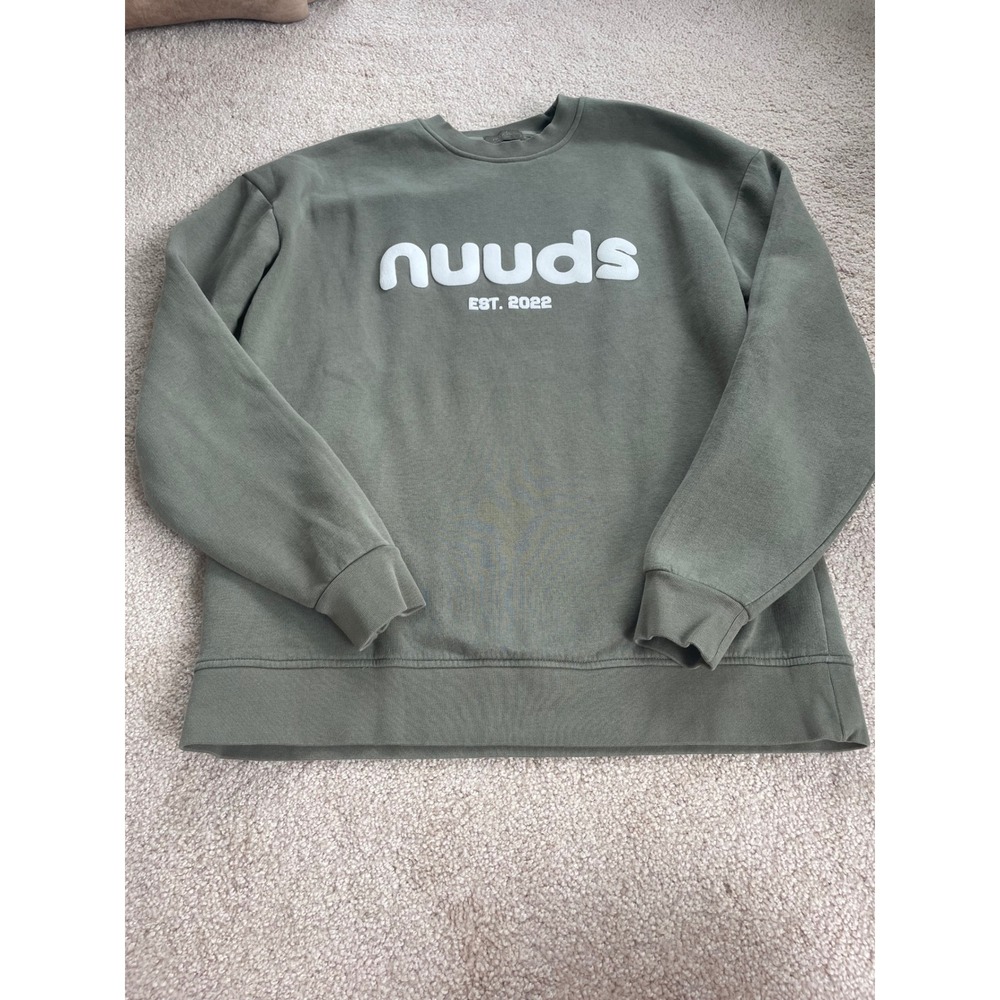 Nuuds Mens Logo Crewneck Sweatshirt Olive Green Puff Print Fleece Pullover S